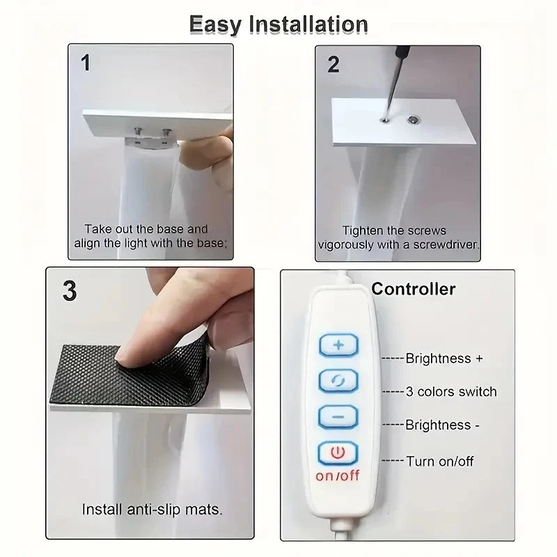 Half Moon Nail Lamp assembly guide showing base screws, anti-slip pads and the inline control buttons.