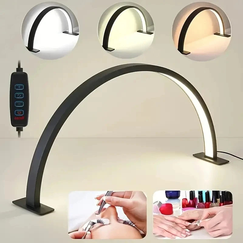 Half Moon Nail Lamp in black with an inline controller, three light-tone examples and beauty-work insets.