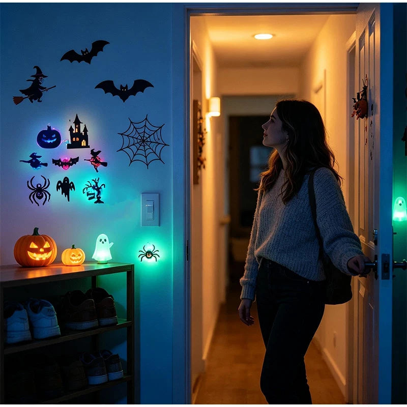 Halloween 3D Wall Lights in an entryway as a woman opens the door, alongside other Halloween decorations.