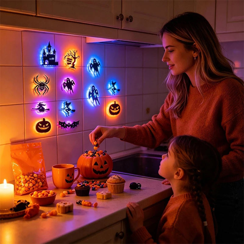 Halloween 3D Wall Lights on a tiled kitchen wall beside a woman and child preparing Halloween treats.