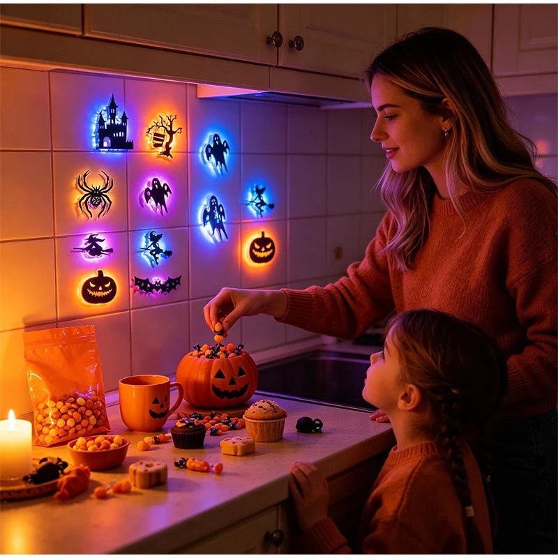 Halloween 3D Wall Lights glowing above a kitchen counter with cupcakes, candy and a pumpkin-shaped container.