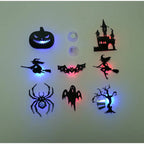 Halloween 3D Wall Lights showing eight silhouettes with two circular light-module components displayed separately.
