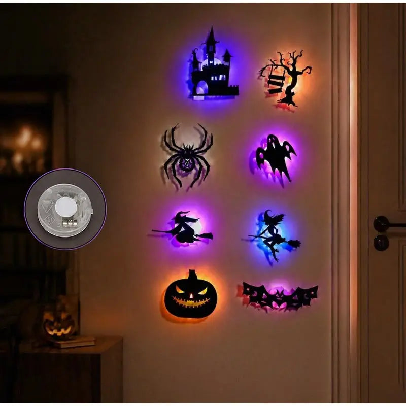 Halloween 3D Wall Lights beside a doorway, with an inset showing the small circular rear light module.
