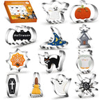 Halloween Cookie Cutter Set showing the packaging and all 12 stainless steel spooky shapes.