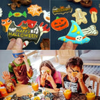 Halloween Cookie Cutter Set with colorful finished cookie designs and a family baking scene.