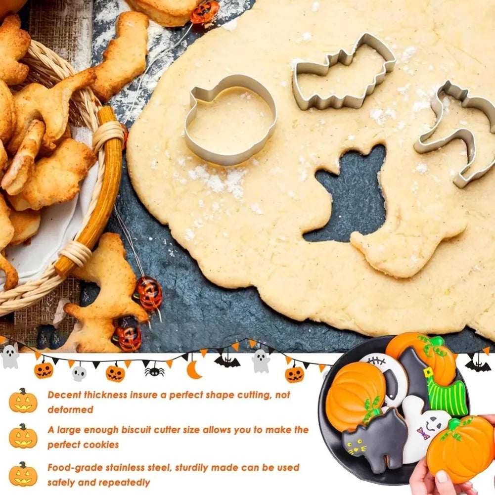 Halloween Cookie Cutter Set pressing spooky shapes into rolled cookie dough on a baking surface.