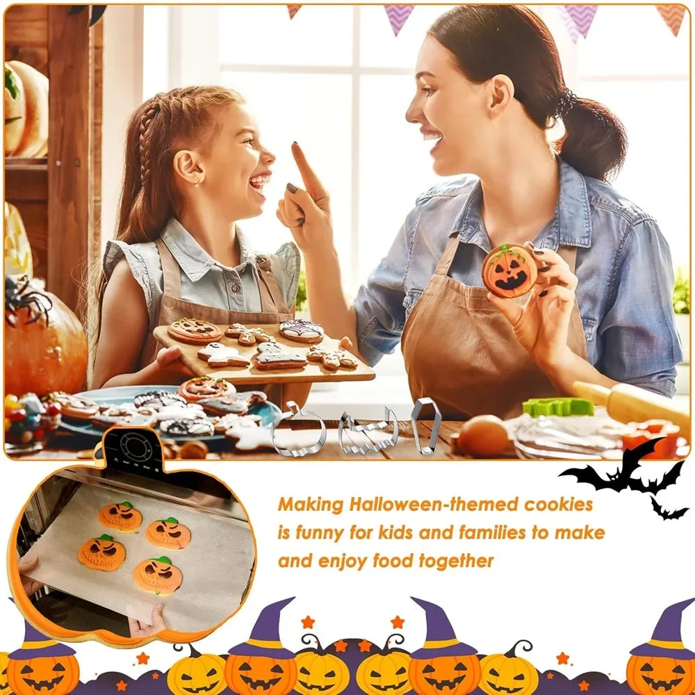 Halloween Cookie Cutter Set used by a parent and child during a festive baking activity.