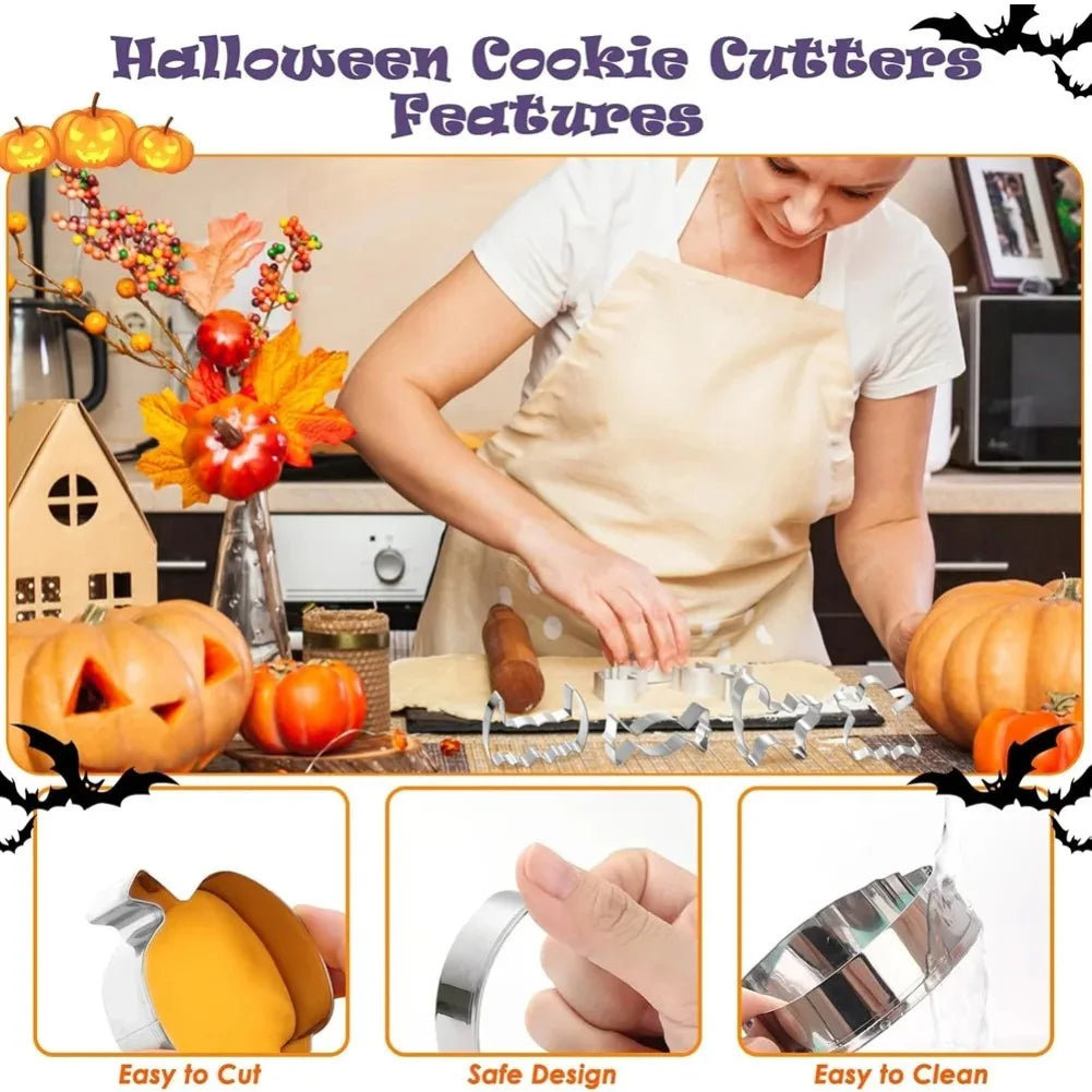 Halloween Cookie Cutter Set feature panel highlighting easy cutting, smooth handling, and cleaning.