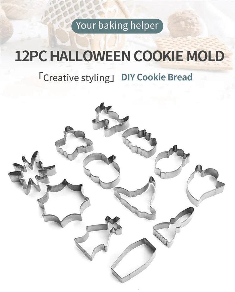 Halloween Cookie Cutter Set complete 12-piece flat lay showing every stainless steel shape.