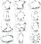 Halloween Cookie Cutter Set dimension guide with measurements beside all 12 individual designs.