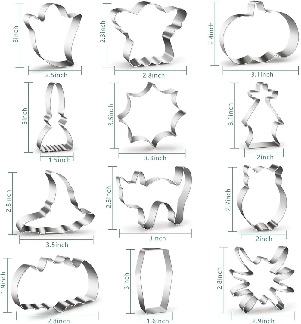 Halloween Cookie Cutter Set dimension guide with measurements beside all 12 individual designs.
