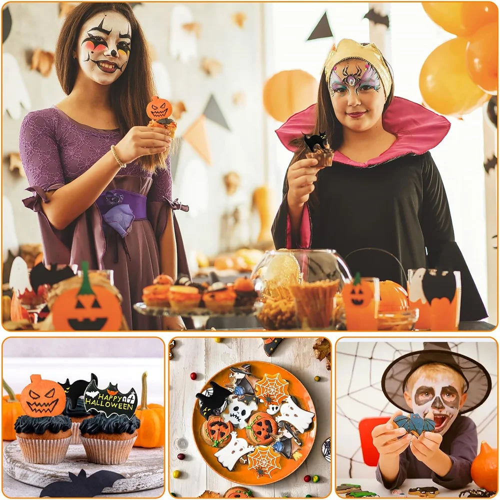 Halloween Cookie Cutter Set shown in festive party scenes with decorated seasonal treats.