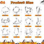 Halloween Cookie Cutter Set size chart showing measurements for each of the 12 cutter shapes.