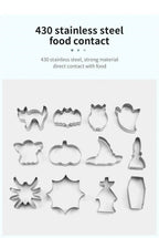 Halloween Cookie Cutter Set stainless steel assortment displayed in a labeled material overview.