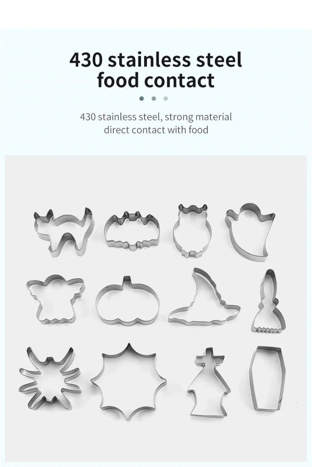 Halloween Cookie Cutter Set stainless steel assortment displayed in a labeled material overview.