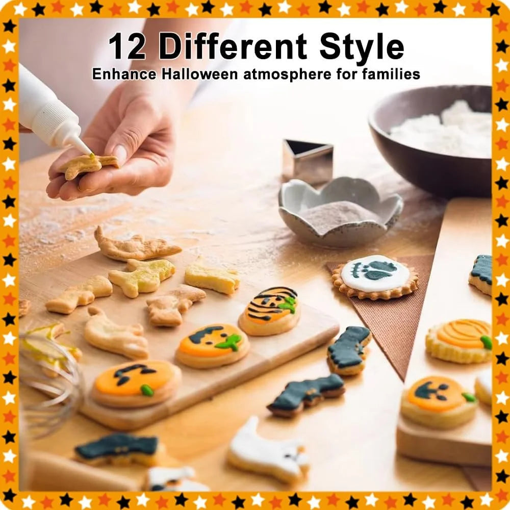 Halloween Cookie Cutter Set with 12 different shapes beside dough and decorated cookies.