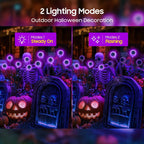 Purple Halloween eyeball stake lights illustrating steady-on and flashing lighting modes
