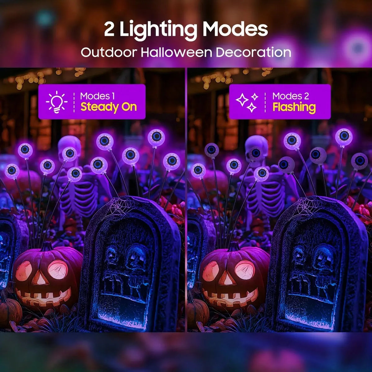 Purple Halloween eyeball stake lights illustrating steady-on and flashing lighting modes