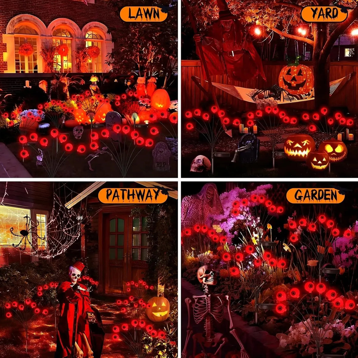 Red Halloween eyeball stake lights arranged in four lawn, yard, pathway and garden displays