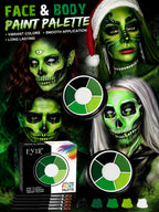 Halloween Face Paint Kit: Tall supplier poster with green character looks, palette, box, and brushes.