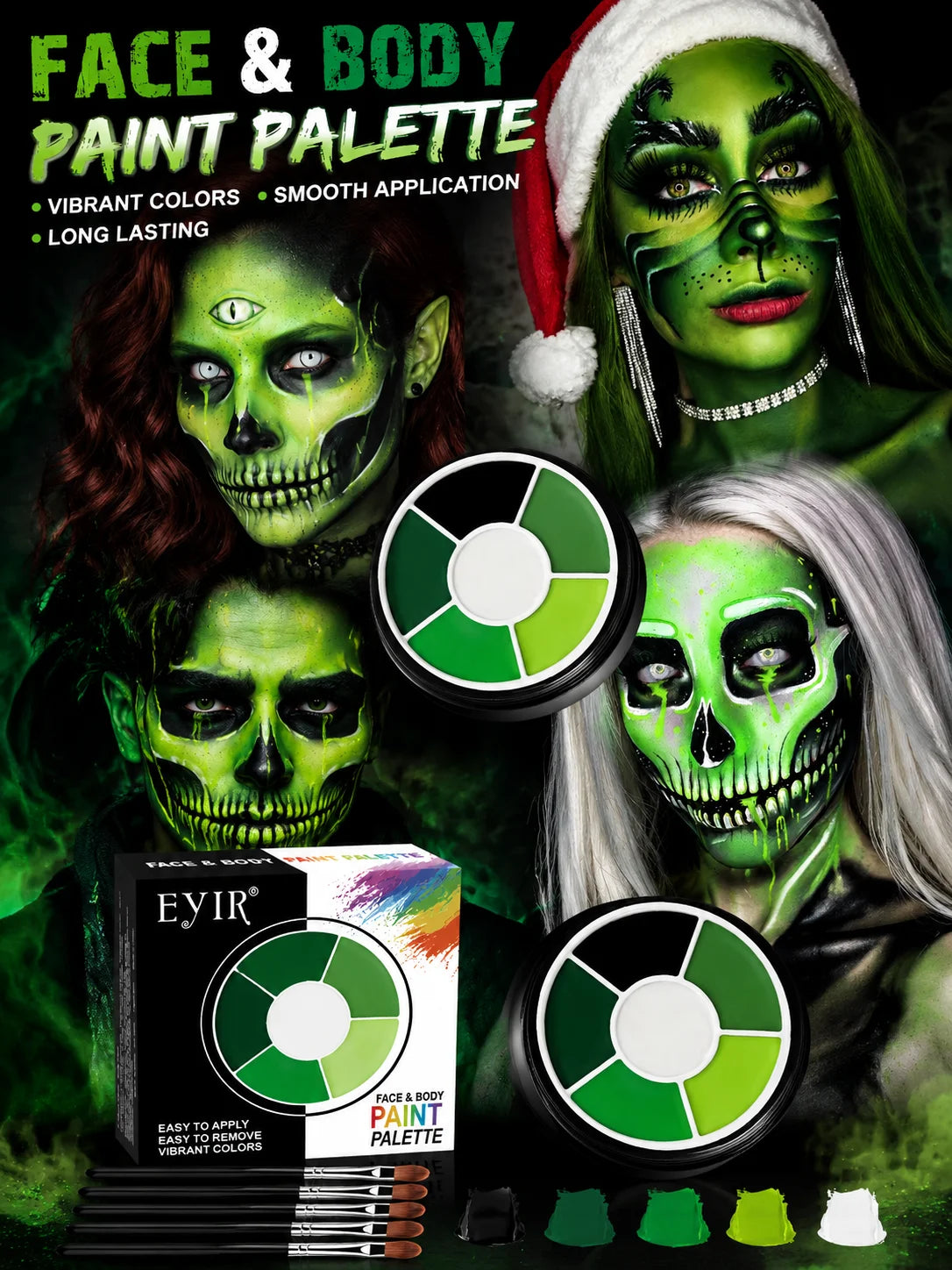 Halloween Face Paint Kit: Tall supplier poster with green character looks, palette, box, and brushes.
