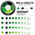 Halloween Face Paint Kit: Color chart showing green shades mixed with black and white.