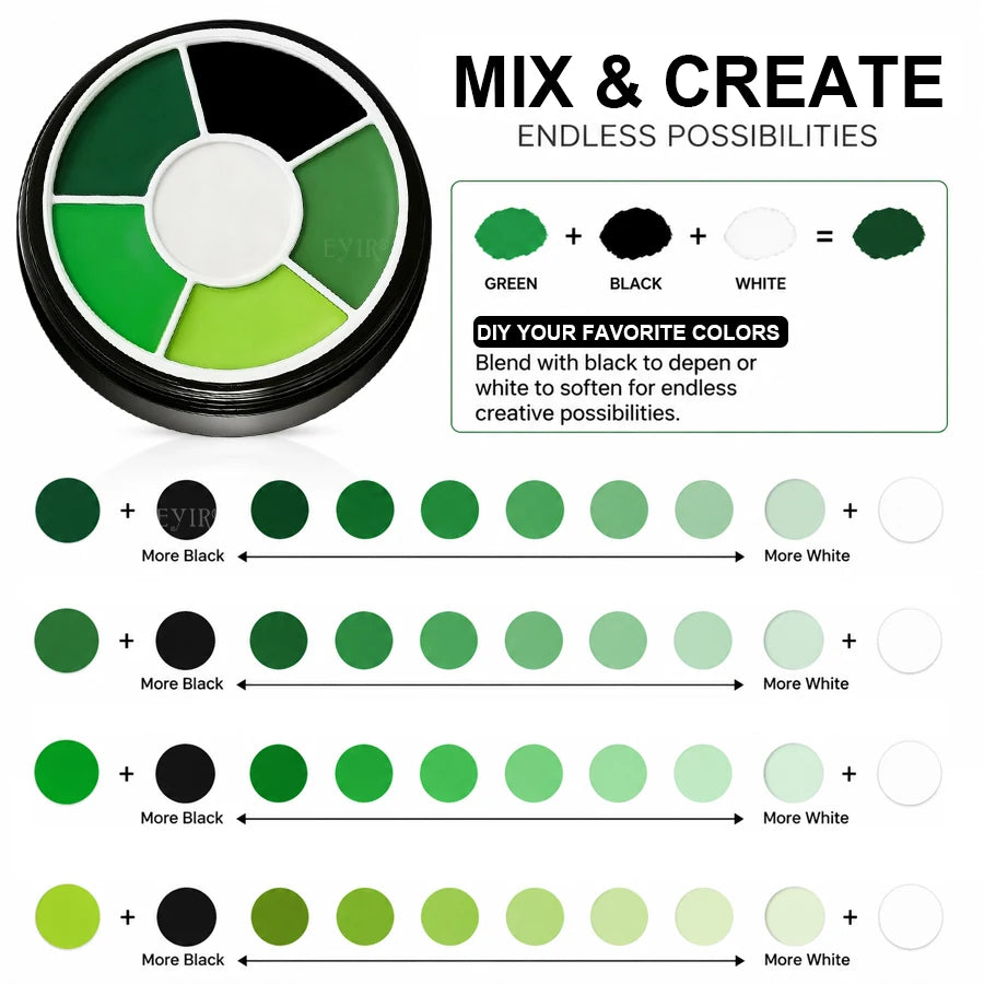 Halloween Face Paint Kit: Color chart showing green shades mixed with black and white.