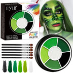 Halloween Face Paint Kit: Six brushes beside the color palette, box, and painted character example.