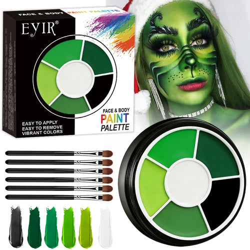 Halloween Face Paint Kit: Palette, six brushes, packaging, and a green character makeup example.