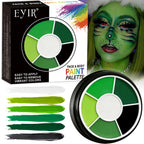 Halloween Face Paint Kit: Palette and packaging beside color swatches and a green makeup example.