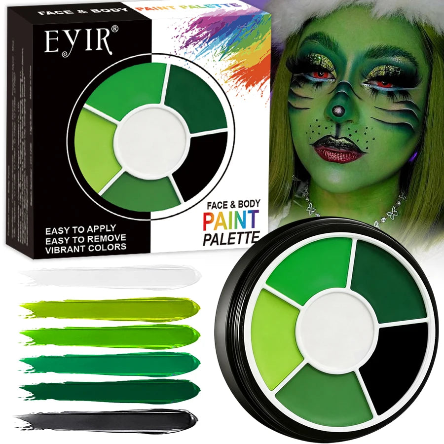 Halloween Face Paint Kit: Palette and packaging beside color swatches and a green makeup example.