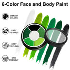 Halloween Face Paint Kit: Open palette and clear lid displayed over six painted color swatches.