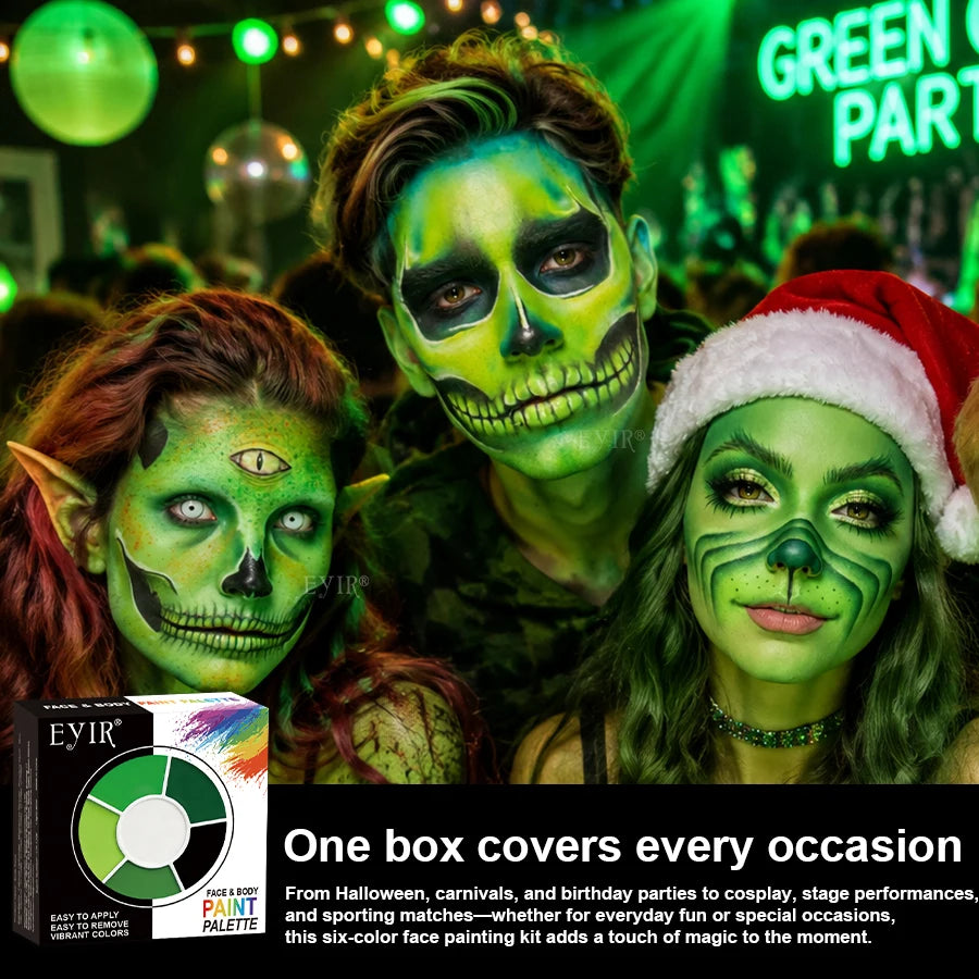 Halloween Face Paint Kit: Group costume makeup examples beside the EYIR paint box.