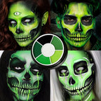 Halloween Face Paint Kit: Four green skull-inspired makeup looks surrounding the palette.