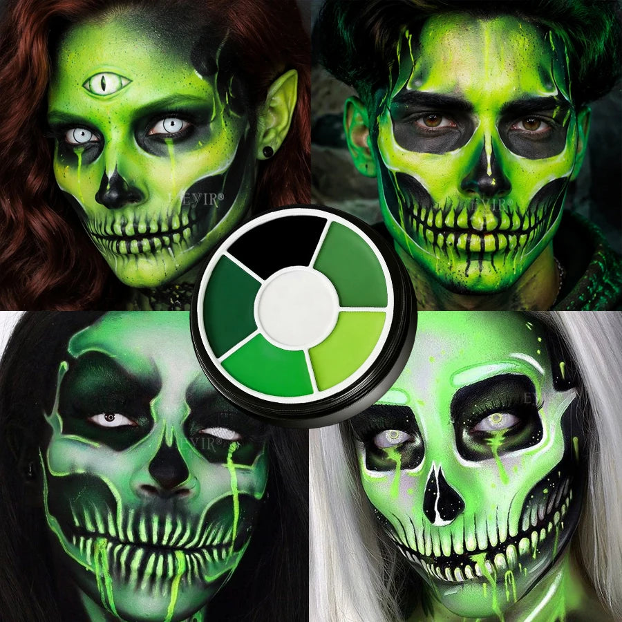 Halloween Face Paint Kit: Four green skull-inspired makeup looks surrounding the palette.
