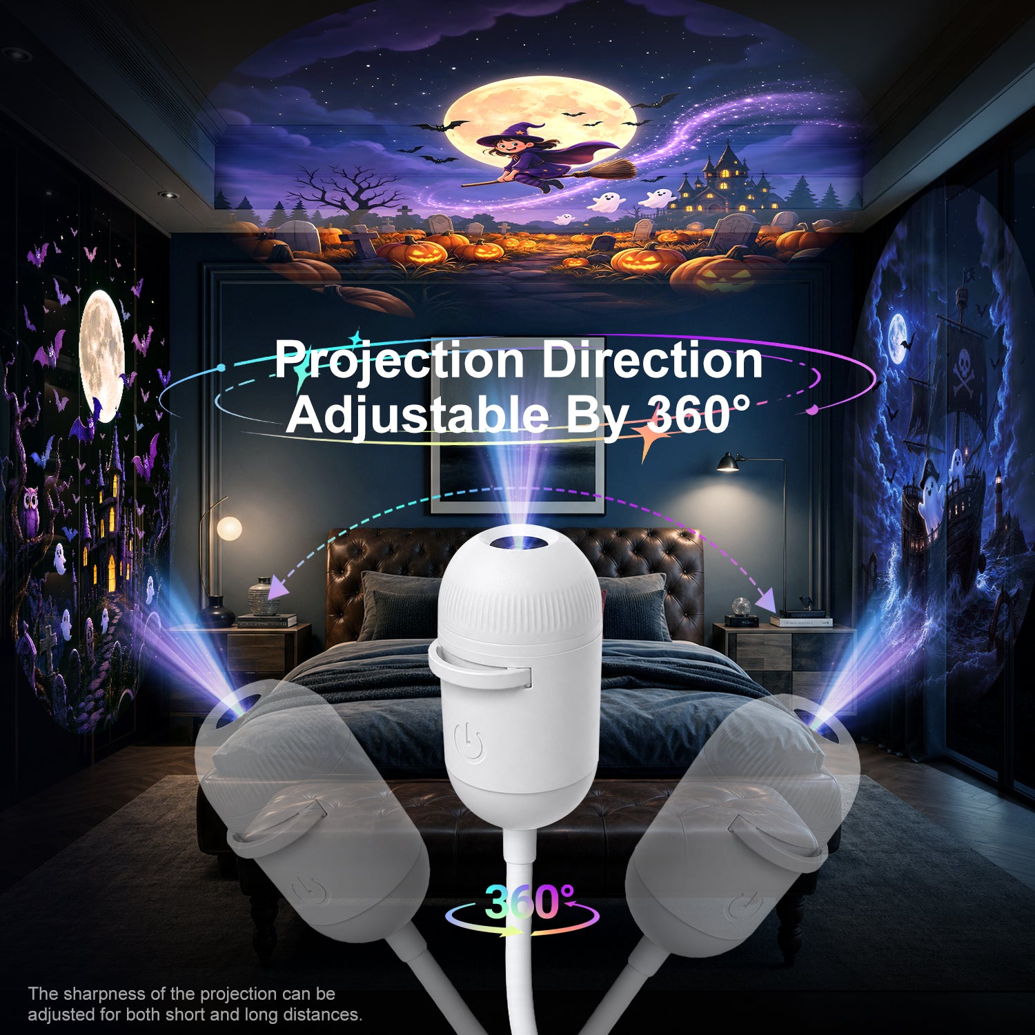 Halloween Galaxy Projector with flexible 360-degree aim across bedroom walls and ceiling