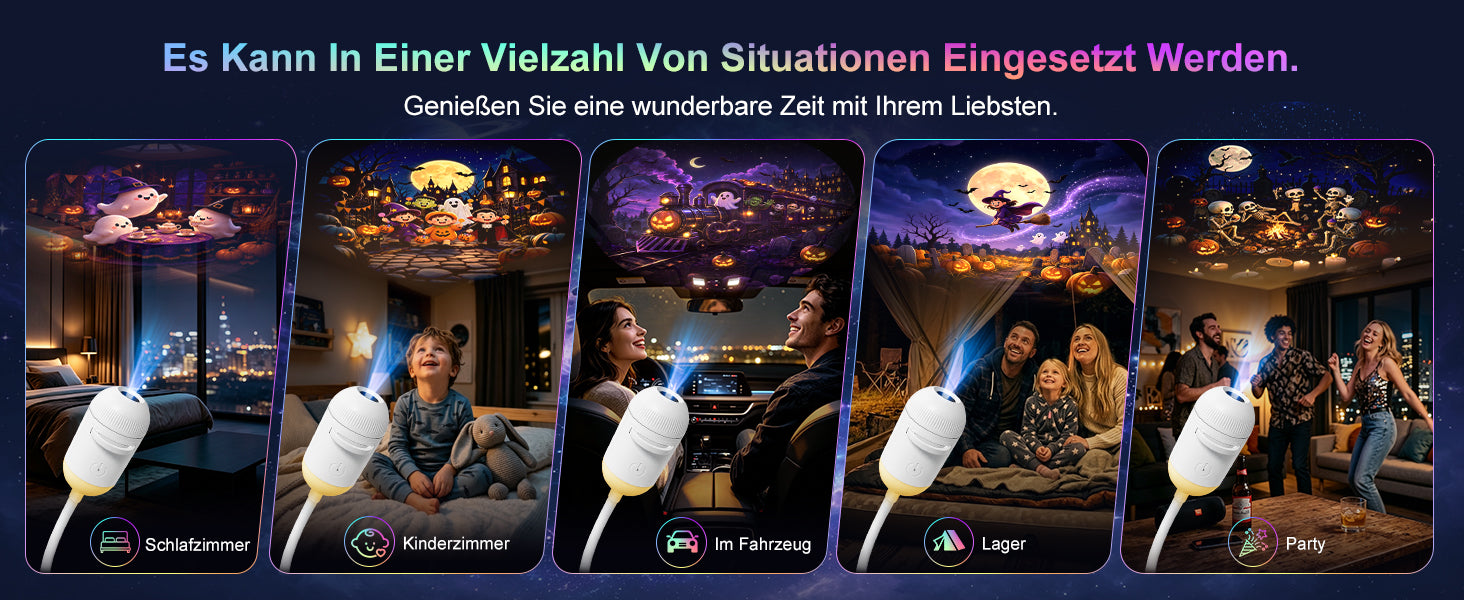 Halloween Galaxy Projector use examples in a bedroom, vehicle, gathering, and party space