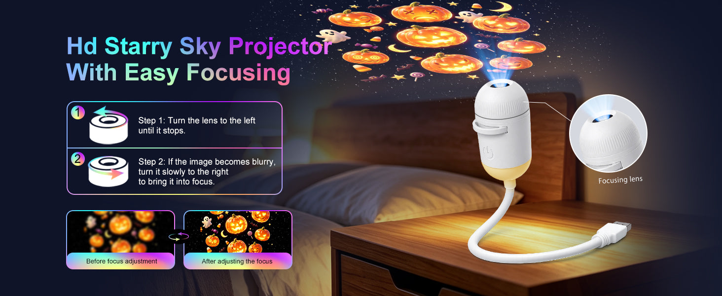 Halloween Galaxy Projector lens focusing steps shown with a projected pumpkin scene