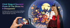 Halloween Galaxy Projector creating a colorful Halloween photo backdrop for a costume portrait
