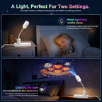 Halloween Galaxy Projector shown as a warm night light and as a Halloween room projection