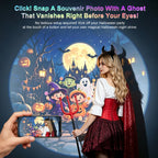 Halloween Galaxy Projector creating a colorful witch and pumpkin party photo backdrop