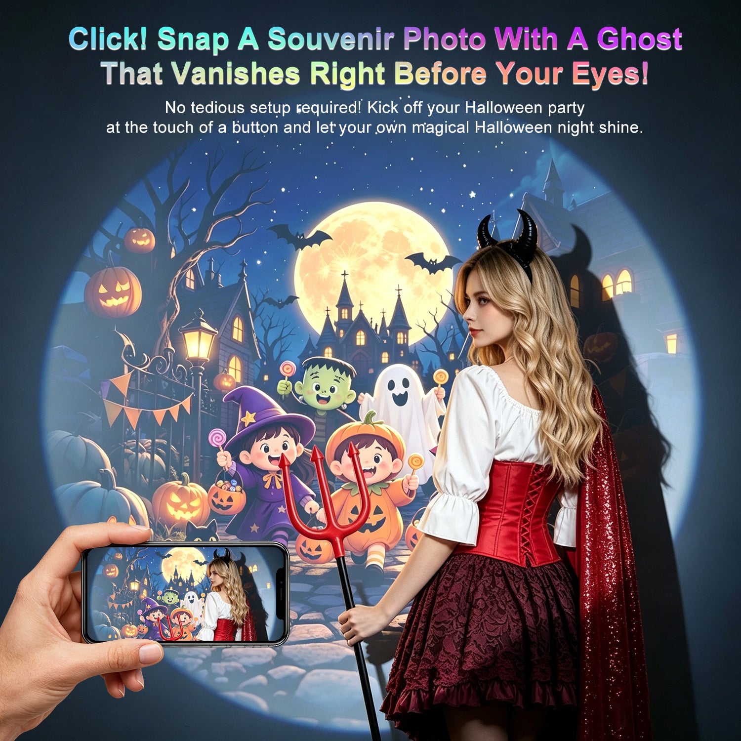 Halloween Galaxy Projector creating a colorful witch and pumpkin party photo backdrop