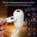 Halloween Galaxy Projector close-up showing film insertion and the 12 included Halloween scenes