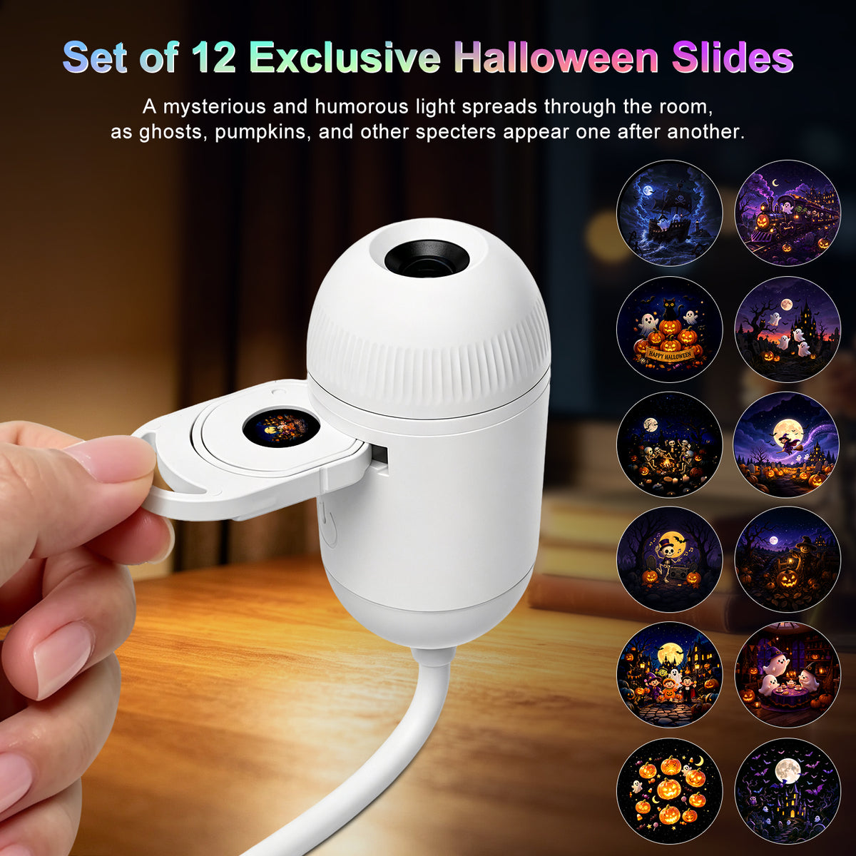 Halloween Galaxy Projector close-up showing film insertion and the 12 included Halloween scenes