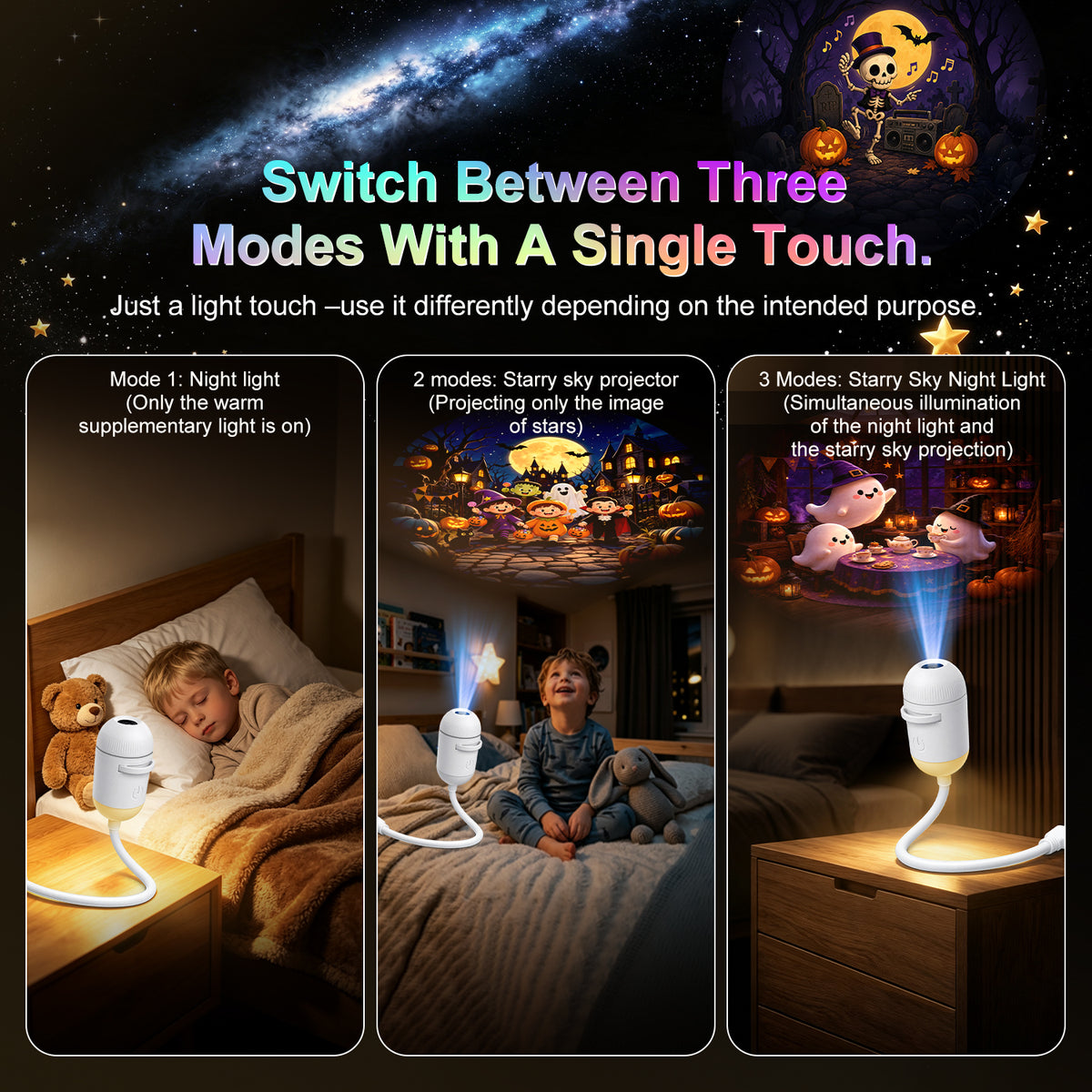 Halloween Galaxy Projector displaying night-light, projection, and combined lighting modes