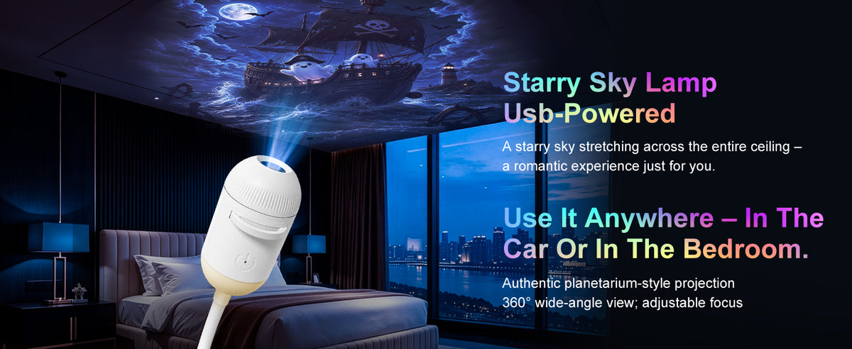 Halloween Galaxy Projector with flexible USB arm aimed at a bedroom ceiling