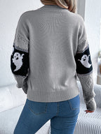 Halloween Ghost Knit Sweater gray back view showing plain knit body and ghost-pattern sleeve stripes