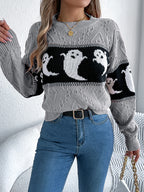 Halloween Ghost Knit Sweater in gray full front view showing round neck, long sleeves, and regular hem