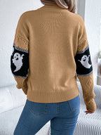 Halloween Ghost Knit Sweater khaki back view showing solid knit body and black ghost-pattern sleeve bands