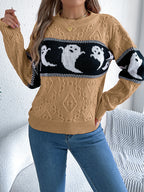 Halloween Ghost Knit Sweater khaki full front view showing the textured knit and contrasting ghost stripe